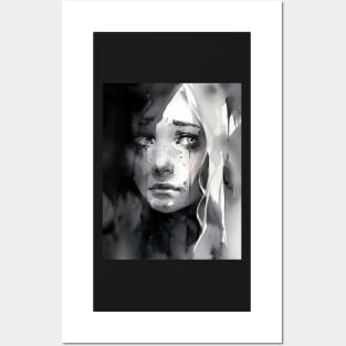 Tears in Monochrome: A Watercolor Portrait Posters and Art